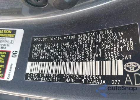 2014 Toyota Corolla Le из США, поврежденный, VIN 2T1BURHE3EC149050